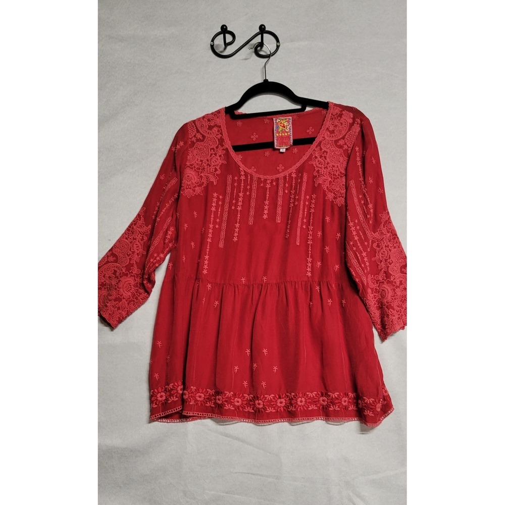 Red With Red Stitching And Crochet Trim Vented Front Ls Johnny Was Top Size S